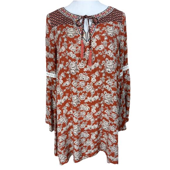Flying Monkey Tops - Women's Tunic Top Sz M Brown Floral 3/4 Sleeves Boho Cottagecore Hippie